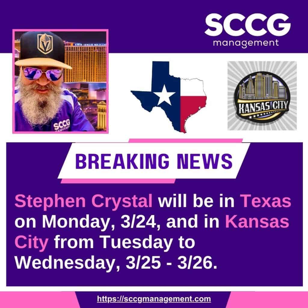 Stephen Crystal will be in Texas on Monday, 3/24, and in Kansas City from Tuesday to Wednesday