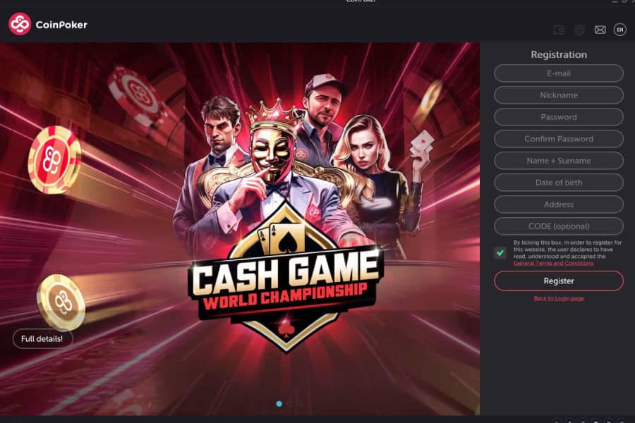 The main page of the CoinPoker PC application showing registration fields for new users to fill out