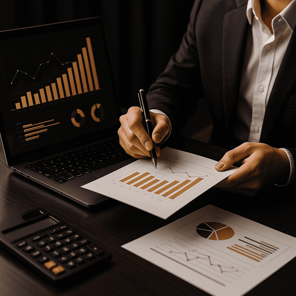 Financial analyst reviewing bar charts and platform metrics on a laptop