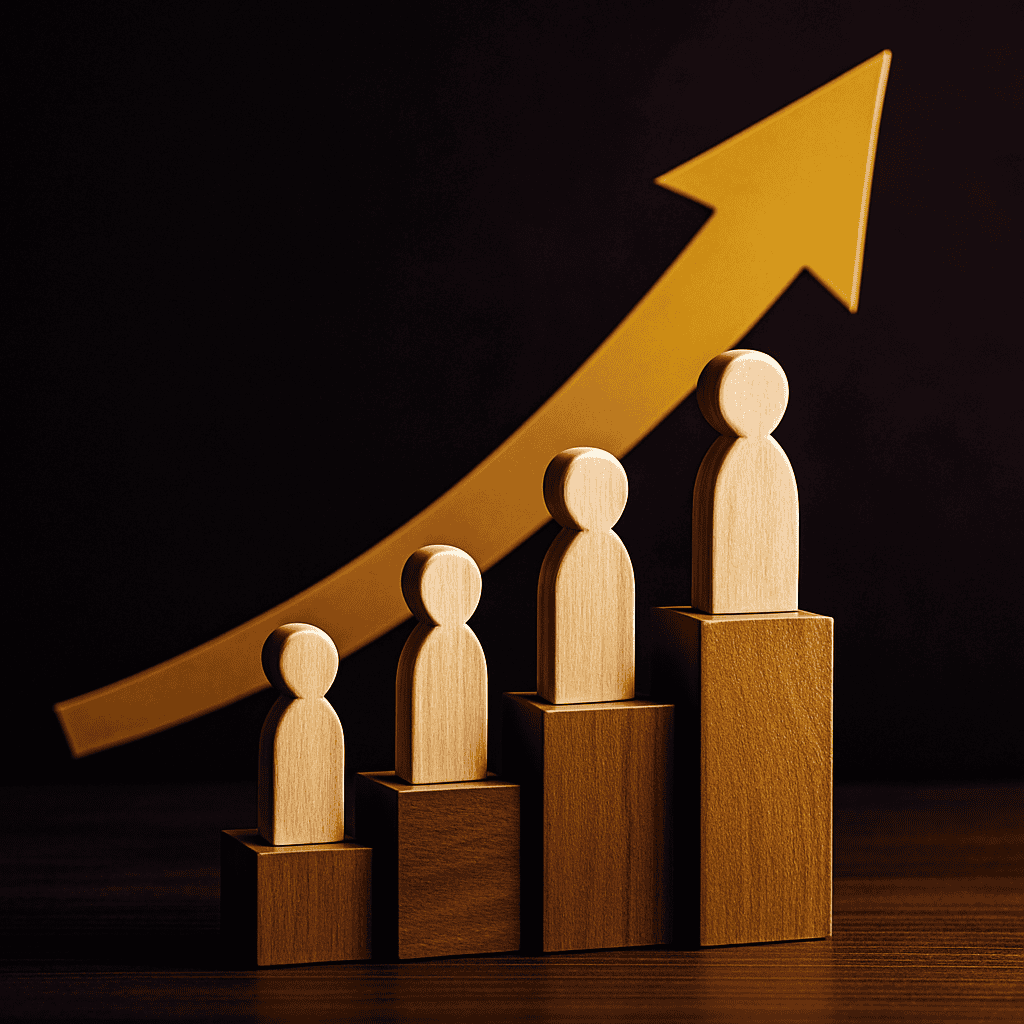 Ascending wooden figures and upward arrow symbolizing growth in gaming industry