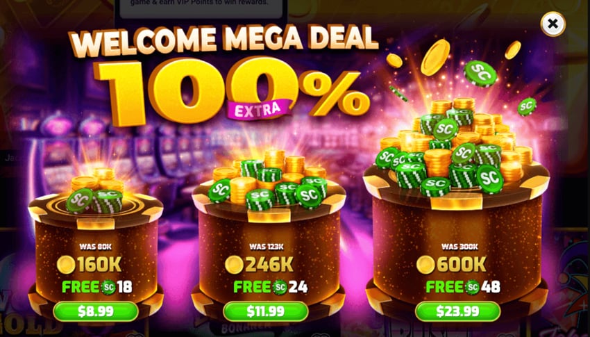 Baba Casino 100% First Purchase Bonus showing three discounted Gold Coin packages for new players