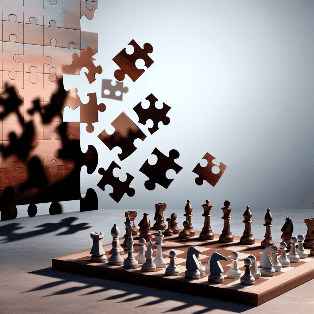 Corporate chessboard with merging puzzle pieces.