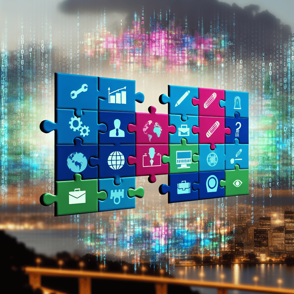 Corporate puzzle pieces merging into digital landscape.