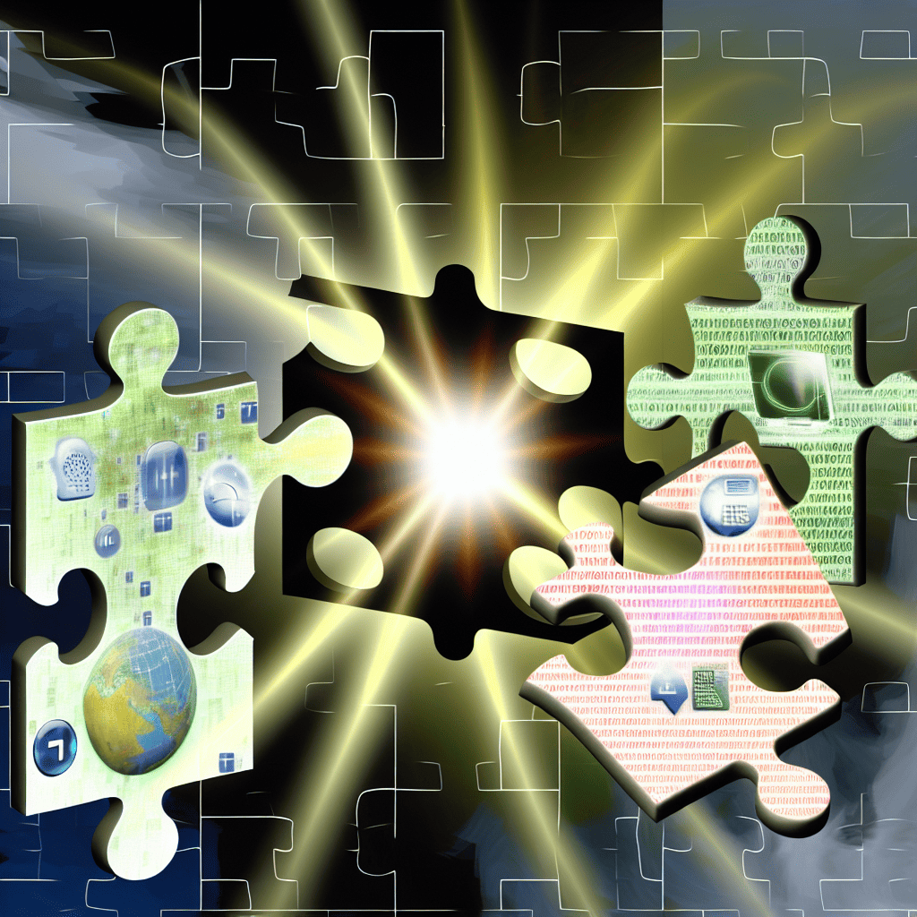 Dynamic merger puzzle pieces with digital symbols.