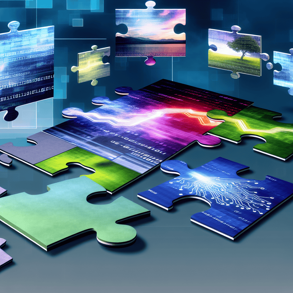 Dynamic puzzle pieces forming a digital landscape.