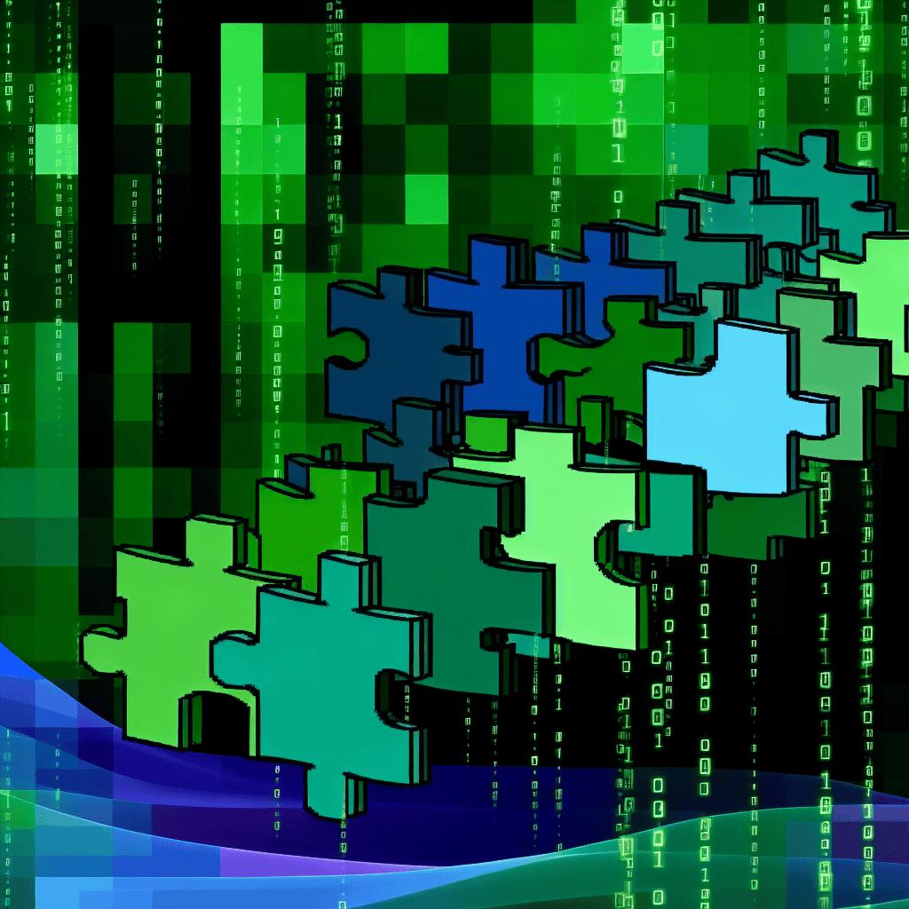 Dynamic puzzle pieces merging into digital landscape.