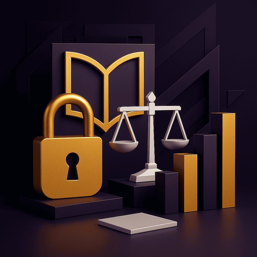 Gambling compliance strategy depicted with abstract governance symbols, padlock, scales, and geometric structures on a dark purple backdrop
