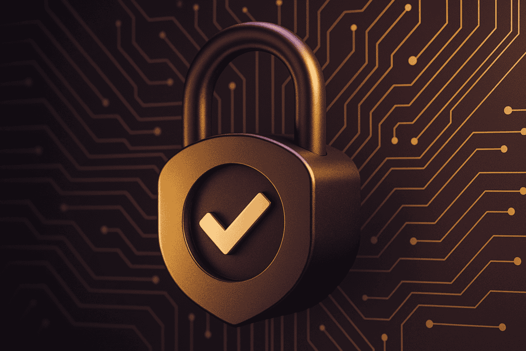 A gold padlock set against abstract circuit board lines on a dark purple background, symbolizing gambling compliance and security