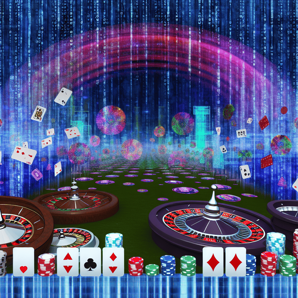 Gambling icons merging into a digital landscape.