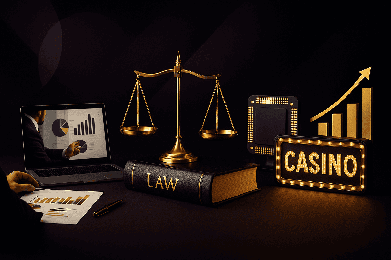 gambling market entry - Business professionals, legal symbols, and gaming technology elements representing global gambling strategy