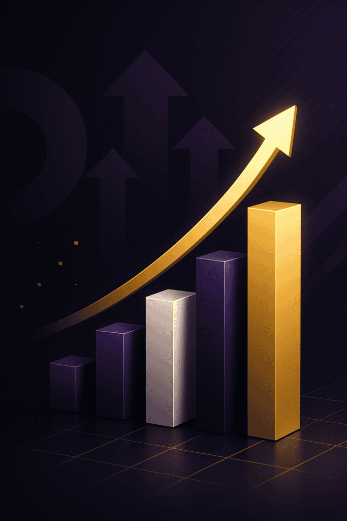 Upward-trending gold arrow over 3D bar graph in purple and gold, symbolizing gambling industry growth