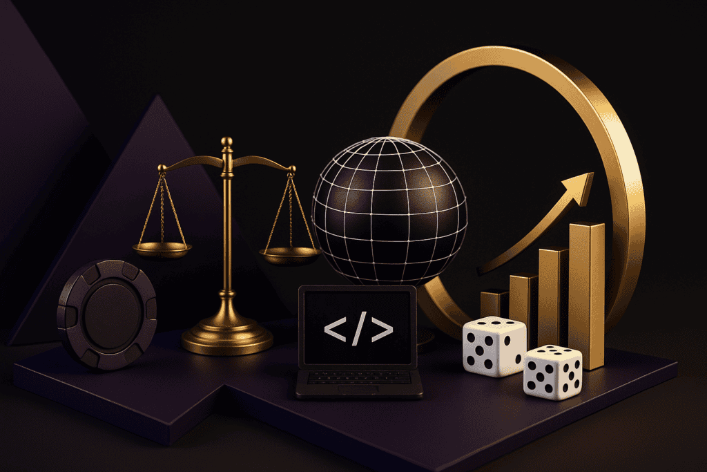 Photorealistic composition featuring gambling symbols, a legal scale, coding laptop, globe, and growth chart representing platform development strategy