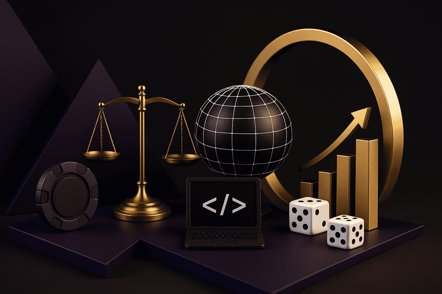 Photorealistic composition featuring gambling symbols, a legal scale, coding laptop, globe, and growth chart representing platform development strategy