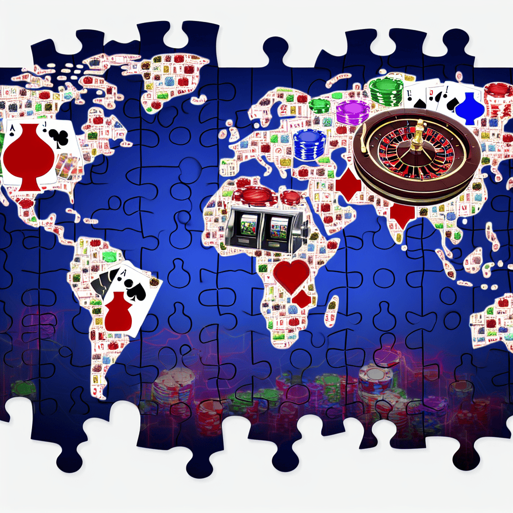Gambling-themed puzzle pieces forming global network.