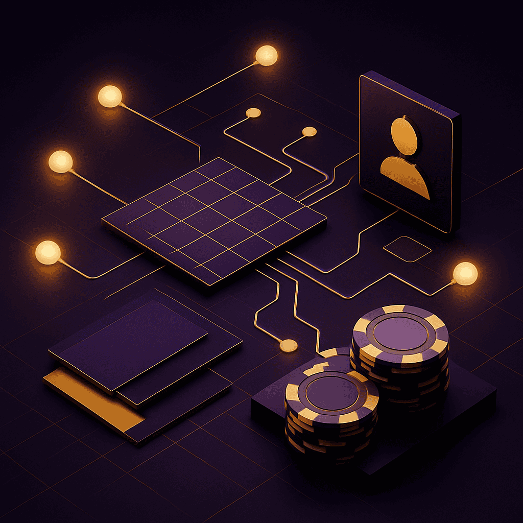 3D illustration of modular UI layers, glowing node network, and profile icon symbolizing segmentation and UX optimization in gambling platforms