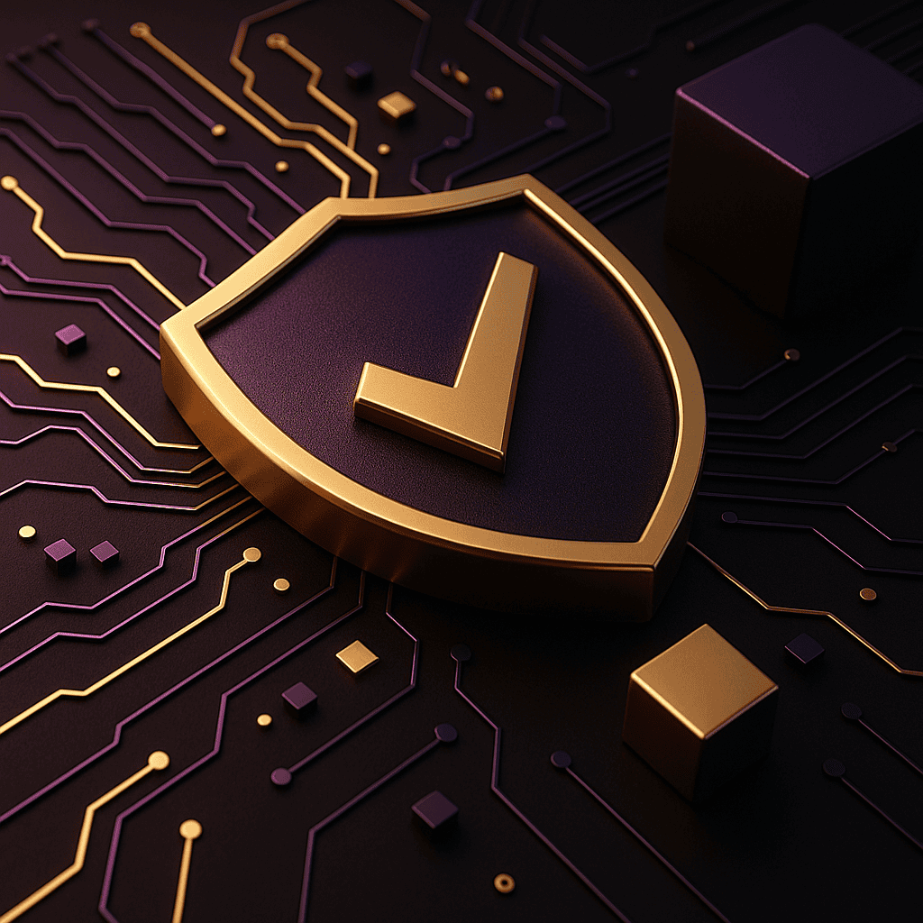 3D gold shield with checkmark on a digital circuit board, symbolizing integrated compliance in scalable gaming systems