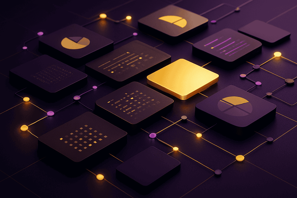 Interconnected panels and glowing nodes representing modular system design and integrated data layers in cross-platform casino environments