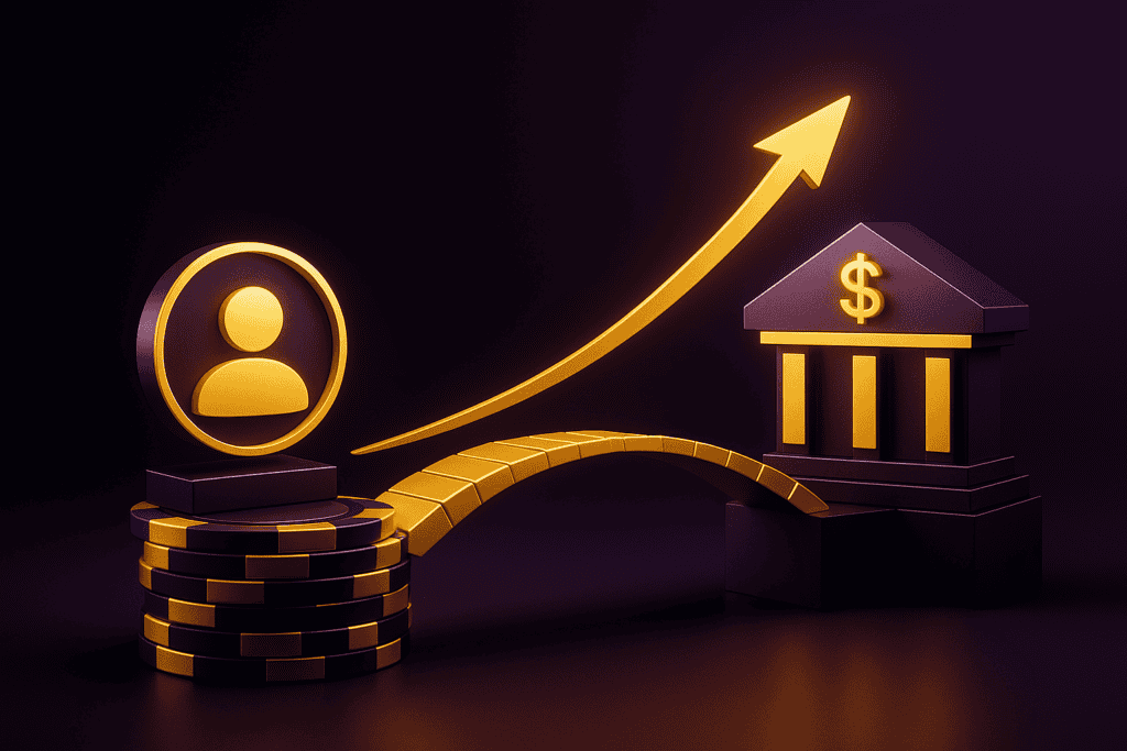 3D bridge of poker chips connecting a digital player icon to a casino building, symbolizing loyalty, strategic growth, and player value in gambling