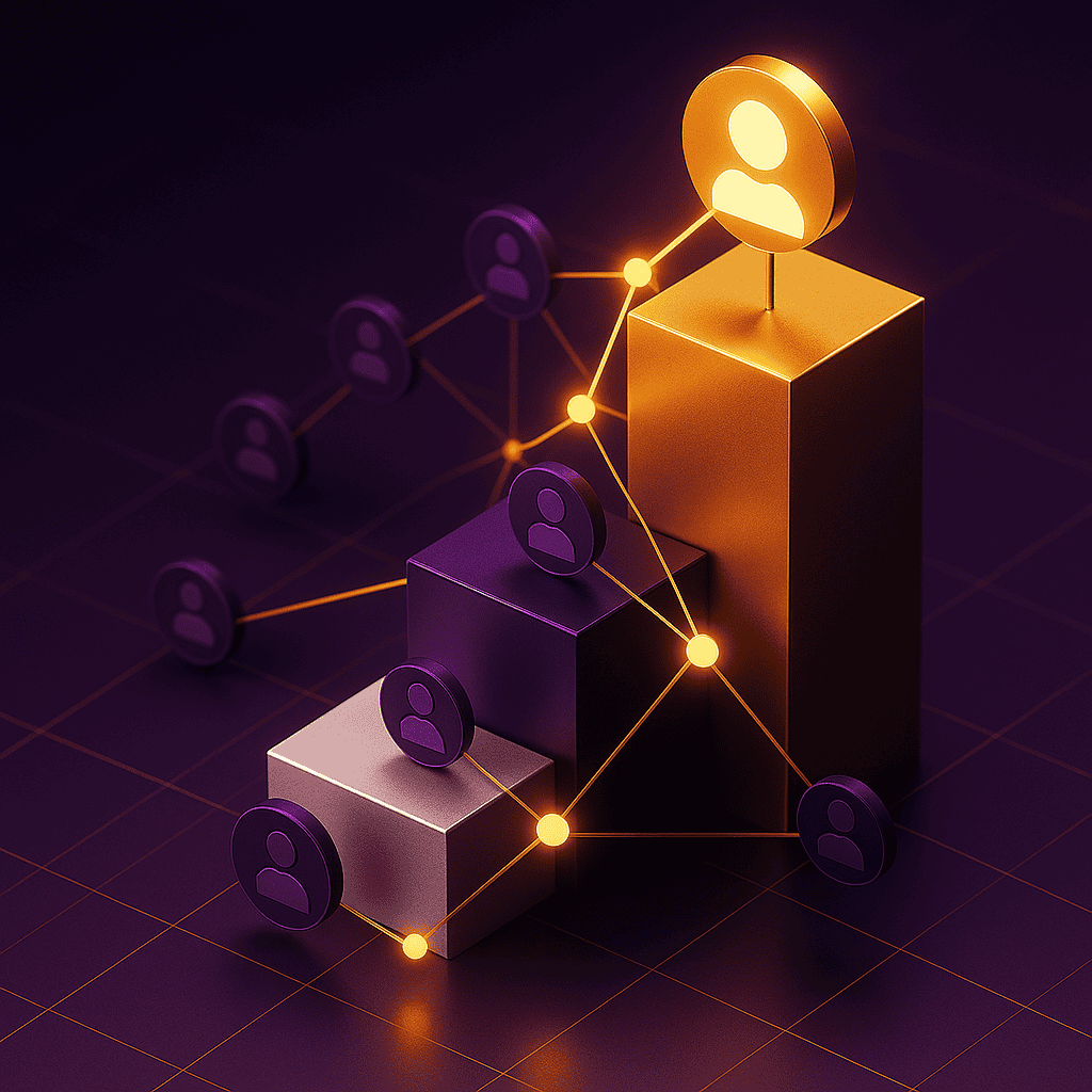 Stacked podiums connected by glowing lines and digital profile icons, symbolizing long-term loyalty and strategic growth in AI-driven gambling