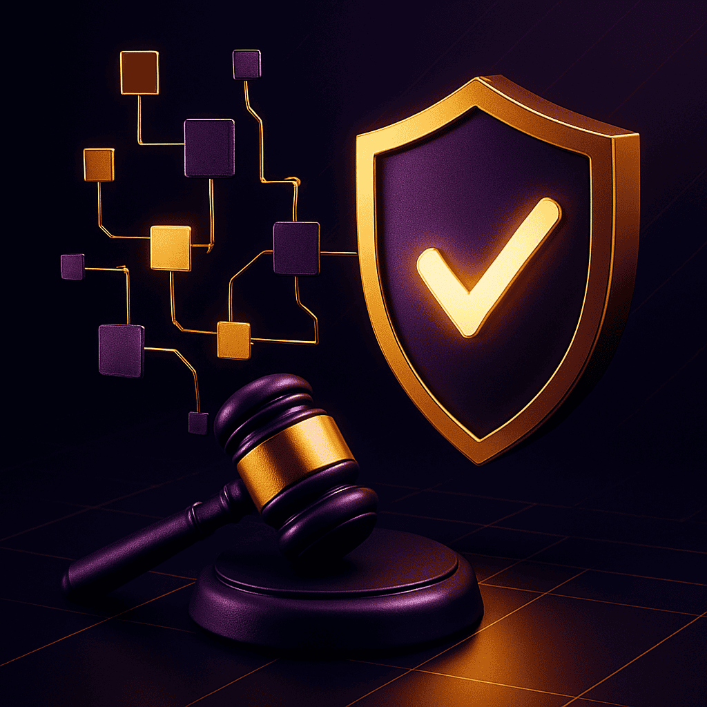 Regulatory support casinos concept shown through glowing compliance shield, judge’s gavel, and connected blocks on a structured purple background