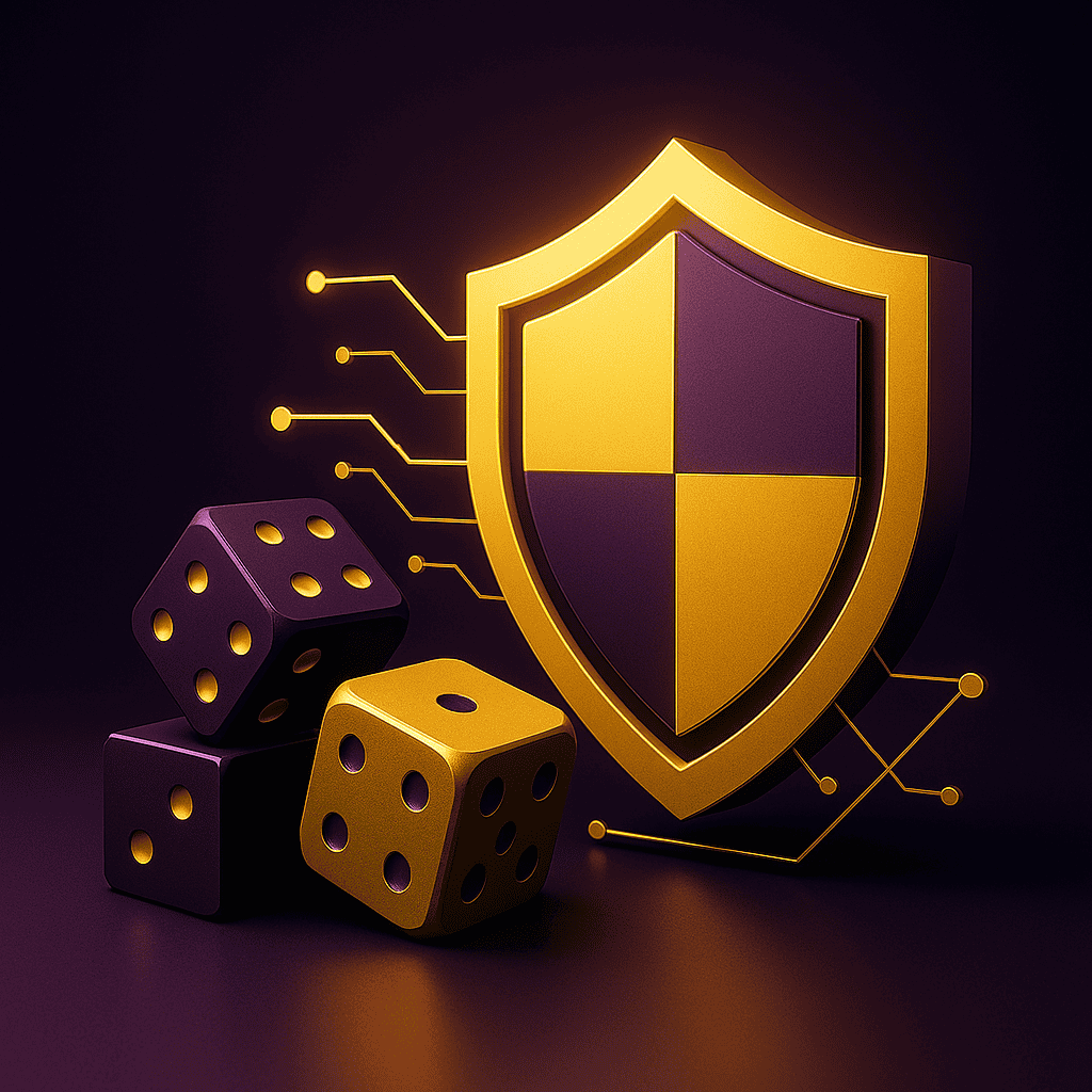 Risk mitigation gambling visualized with a segmented security shield and gold-purple dice connected by system lines on a dark purple backdrop