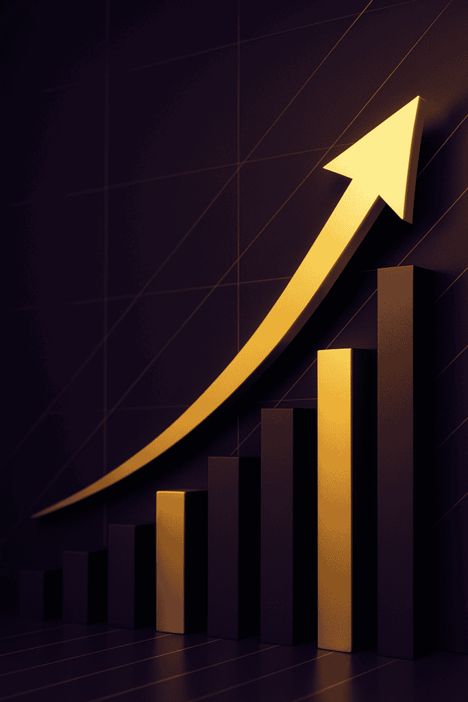 Upward gold arrow with ascending bar chart on a dark purple background, symbolizing scalable growth in gambling platforms
