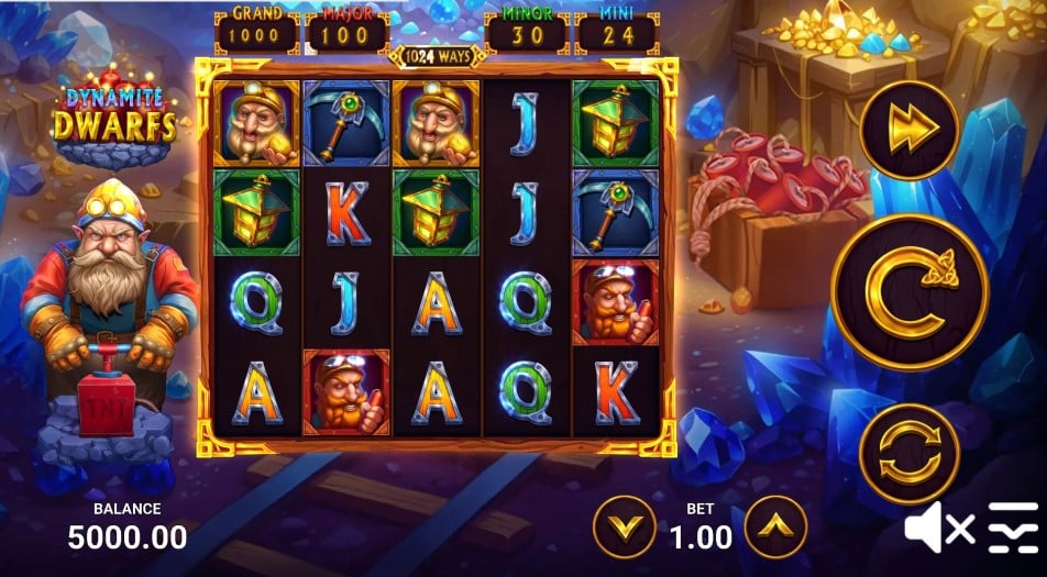 Dynamite Dwarfs slot reels by Zillion Games