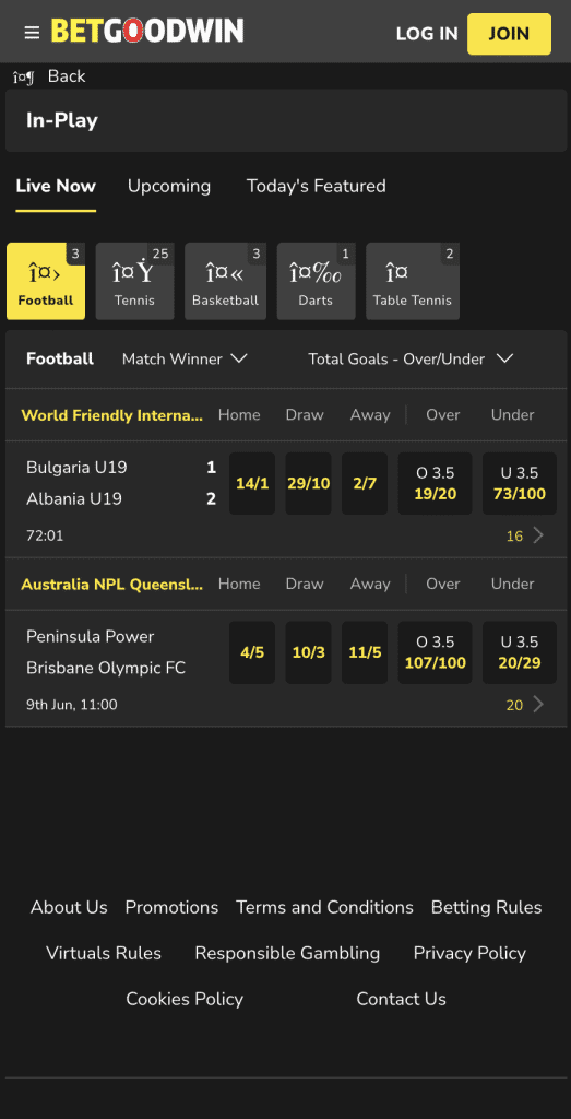 Betgoodwin betting markets & in-play betting