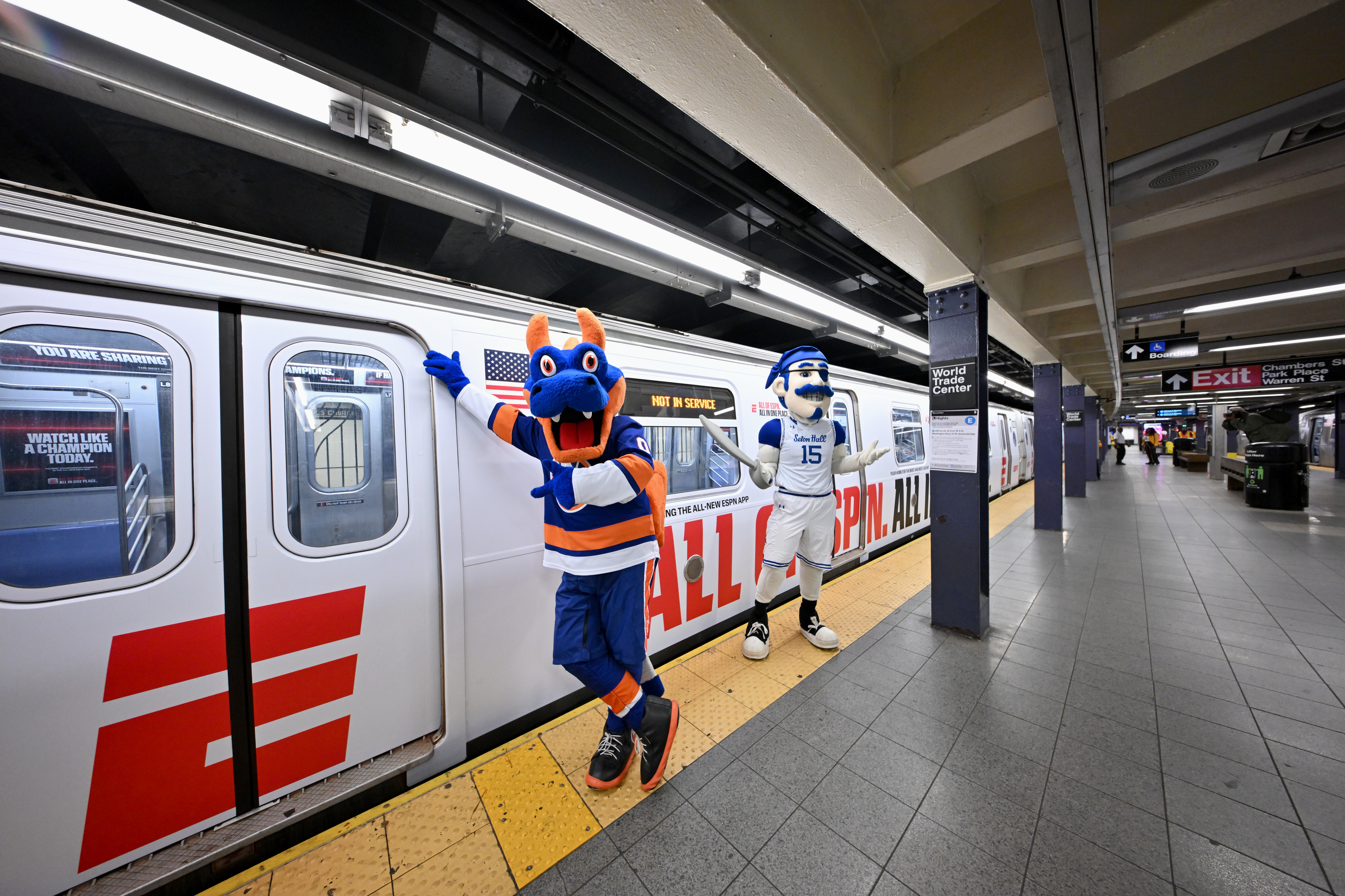 ESPN unveils revamped app with mascot takeover on New York City’s ‘E’ train 2 Sparky the Dragon, mascot for the New York Islanders, and The Pirate, mascot for the Seton Hall Pirates, join ESPN in celebrating the launch of the new ESPN app with a "E" train takeover on August 21, 2025 in New York City.