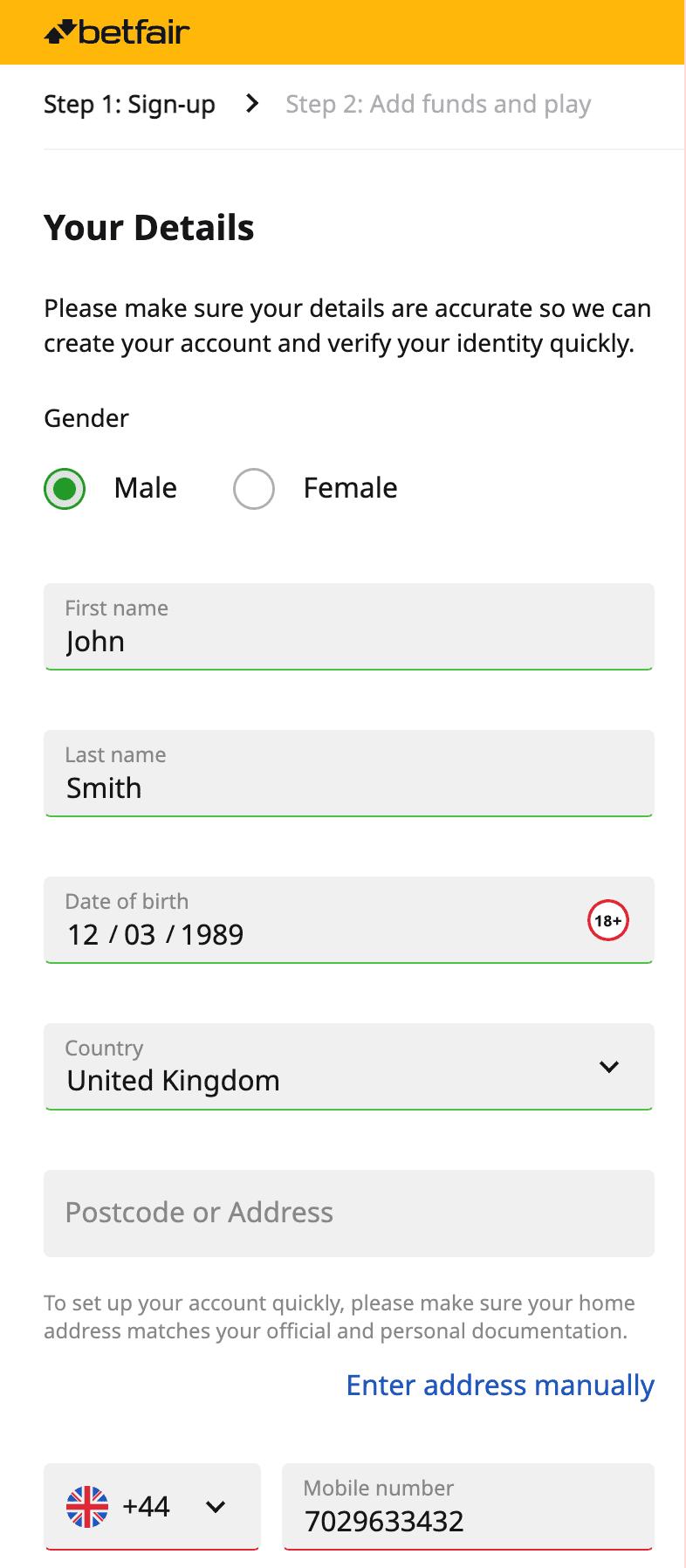 Betfair registration