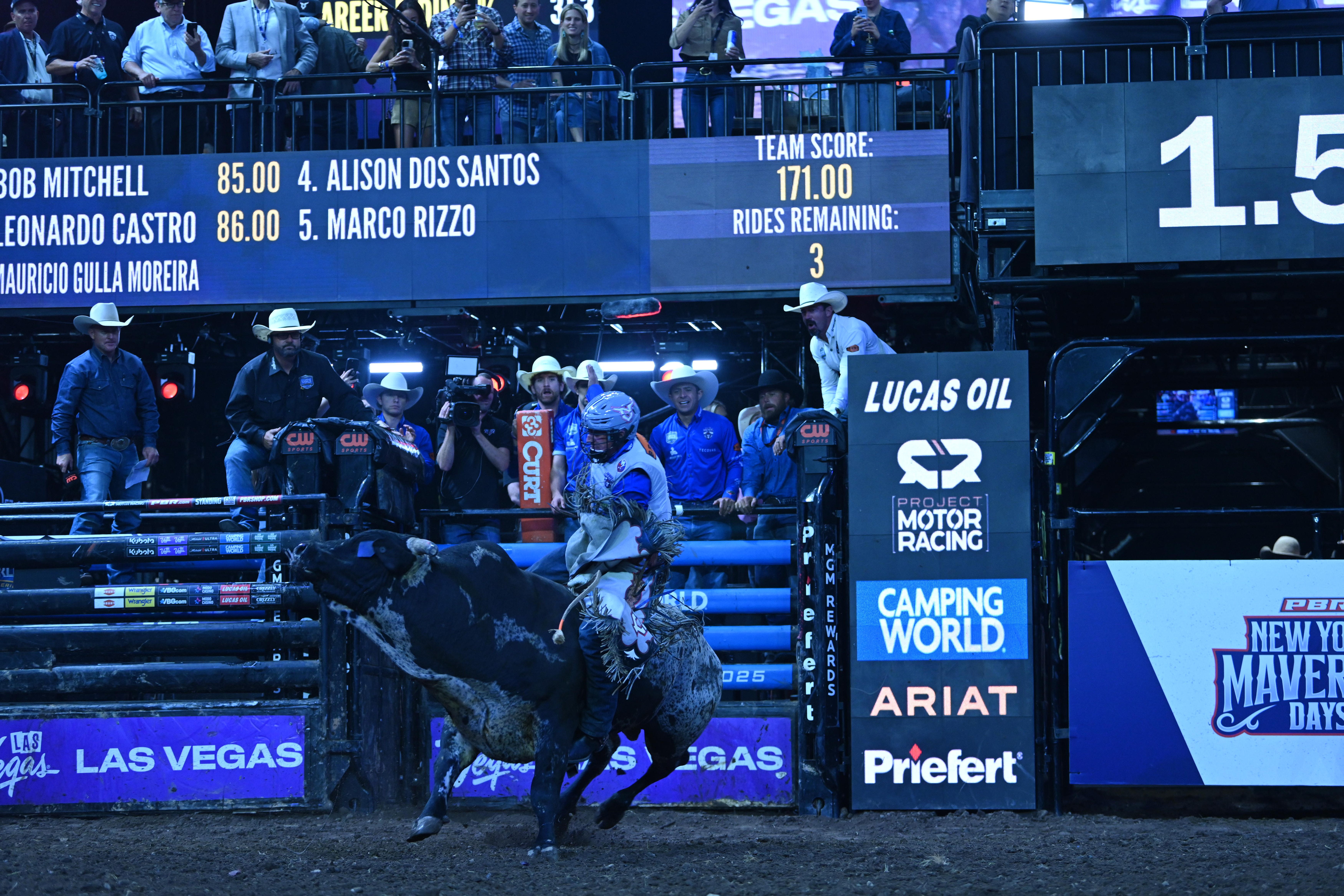 PHOTOS: New York Mavericks make debut at UBS Arena for home matchups of professional bull riding 6 Mauricio Moreira rides for the New York Mavericks.