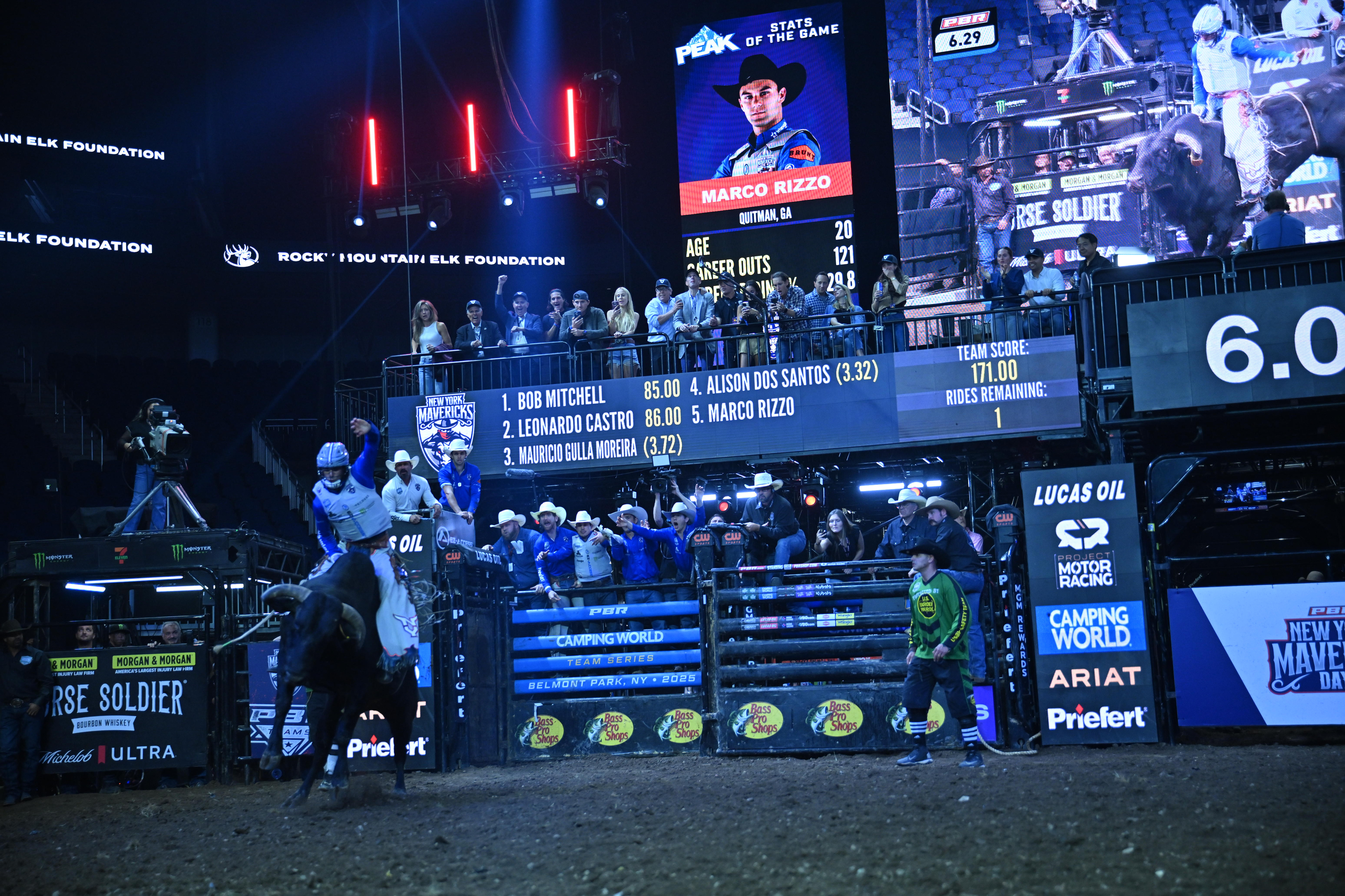 PHOTOS: New York Mavericks make debut at UBS Arena for home matchups of professional bull riding 8 Marco Rizzo rides for the Mavericks.