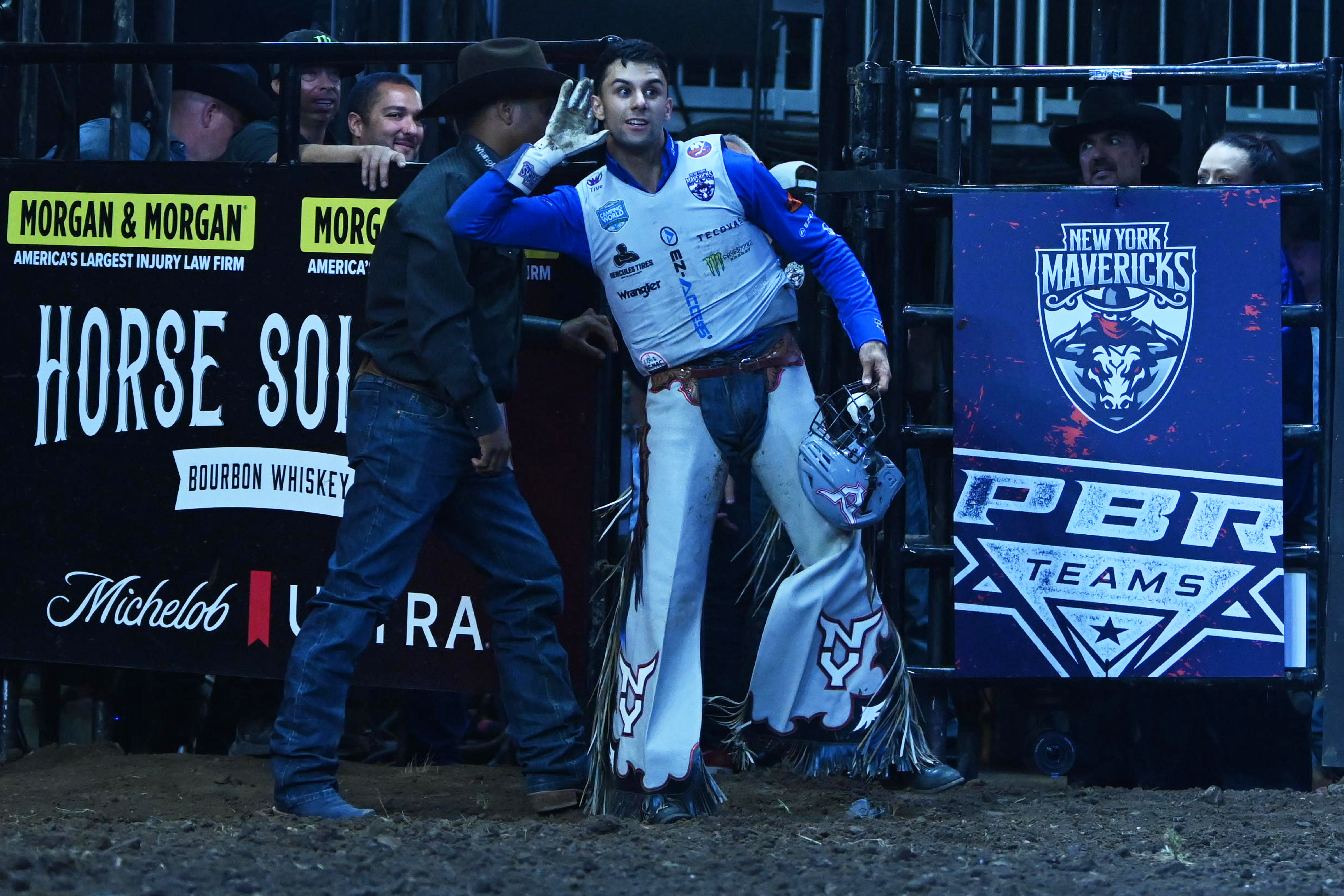 PHOTOS: New York Mavericks make debut at UBS Arena for home matchups of professional bull riding 9 Marco Rizzo post-ride.