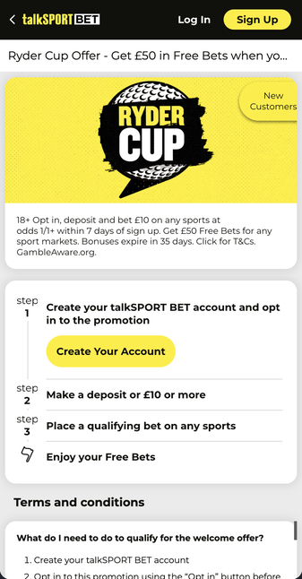 Talksportbet ryder cup betting offer: Get £50 in Free Bets