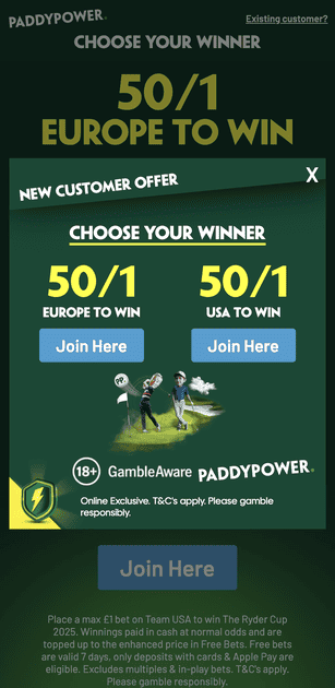 Ryder Cup betting offers 2025: 50/1 enhanced odds and £50 free bets available