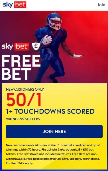 Sky Bet sign up offer: Get 50/1 on Vikings vs Steelers NFL clash