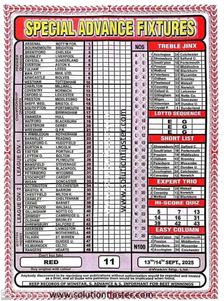 Week 11 Pools RSK Papers 2025: Soccer X Research, Bob Morton, Capital Intl, Winstar, BigWin - SolutionTipster