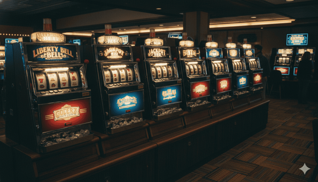 Older style, 3-reel slot machines also known as "one armed bandits"