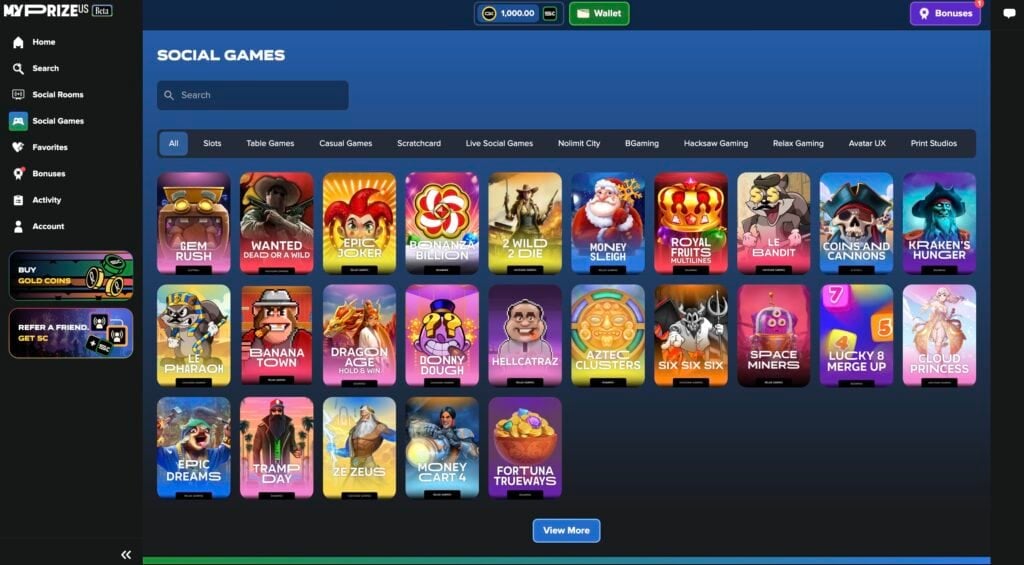 social casino games avaible at myprize