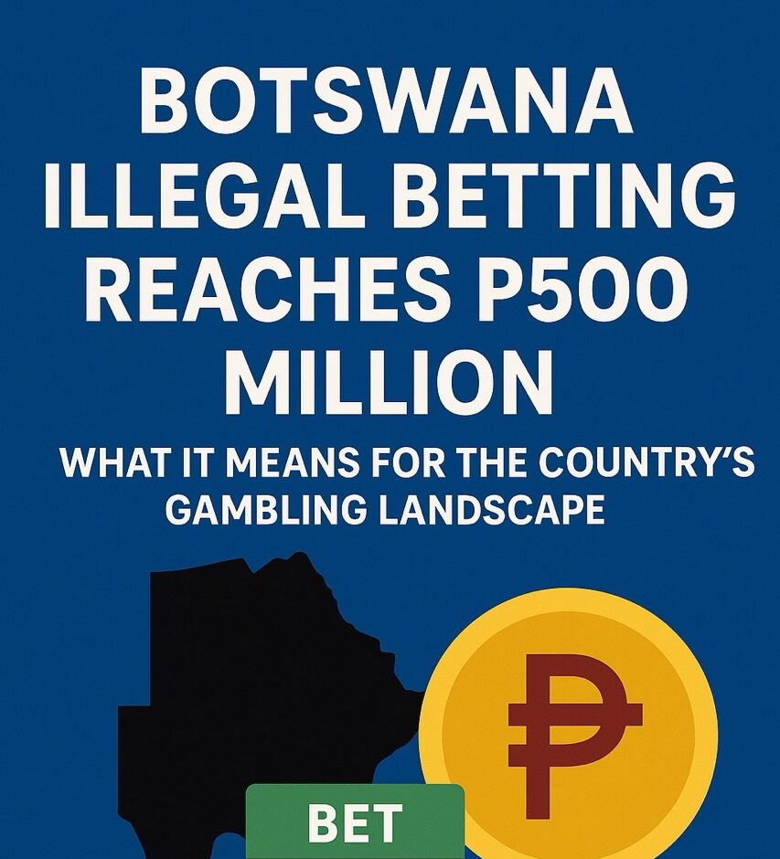 The image serves as a square cover graphic for an online news article about illegal betting in Botswana, using bold typography and visual elements such as the country’s silhouette, a currency coin symbol, and a betting slip to quickly communicate the scale, urgency, and gambling-related nature of the story while drawing attention and providing immediate context about the article’s focus on the P500 million illegal betting market and its impact on the nation’s gambling landscape.