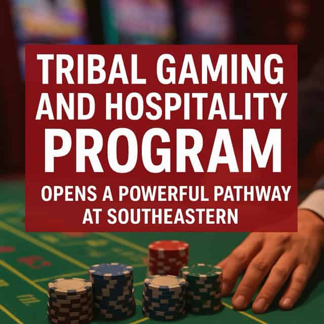 The image serves as a promotional cover highlighting the launch of the Tribal Gaming and Hospitality Program at Southeastern, designed to draw attention to the new educational pathway.