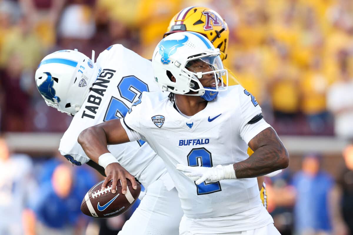 Buffalo Bulls quarterback Ta'Quan Roberson (2) looks to throw against the Minnesota Golden Gophers during the first half of the game at Huntington Bank Stadium. Sign up with the bet365 promo code HANDLE to bet on Miami-OH Redhawks vs. Buffalo Bulls