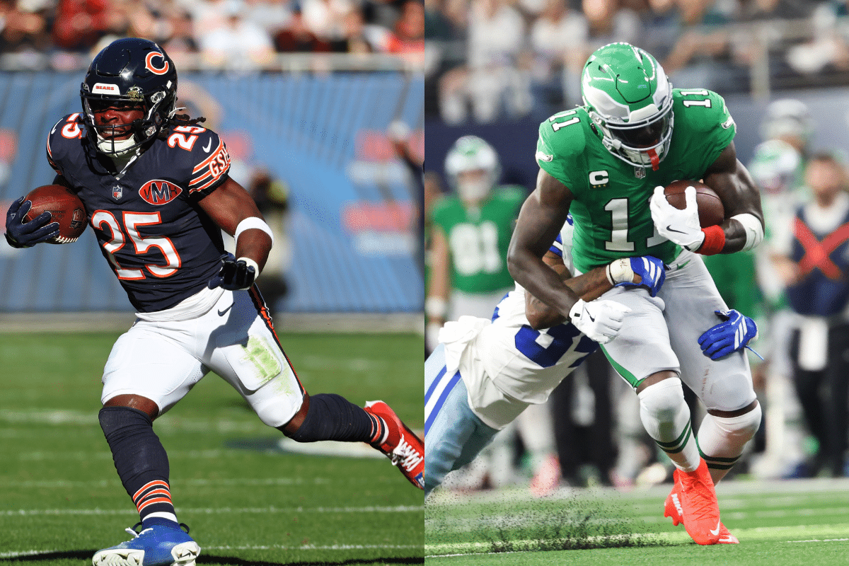 On the Left: Chicago Bears running back Kyle Monangai (25) rushes the ball against the Pittsburgh Steelers during the first half at Soldier Field. On the right: Philadelphia Eagles wide receiver AJ. Brown (11) is brought down by Dallas Cowboys cornerback Shavon Revel Jr. (34) in the first quarter at AT&T Stadium. Sign up with the Fanatics Sportsbook promo code HANDLE to bet on Bears vs. Eagles