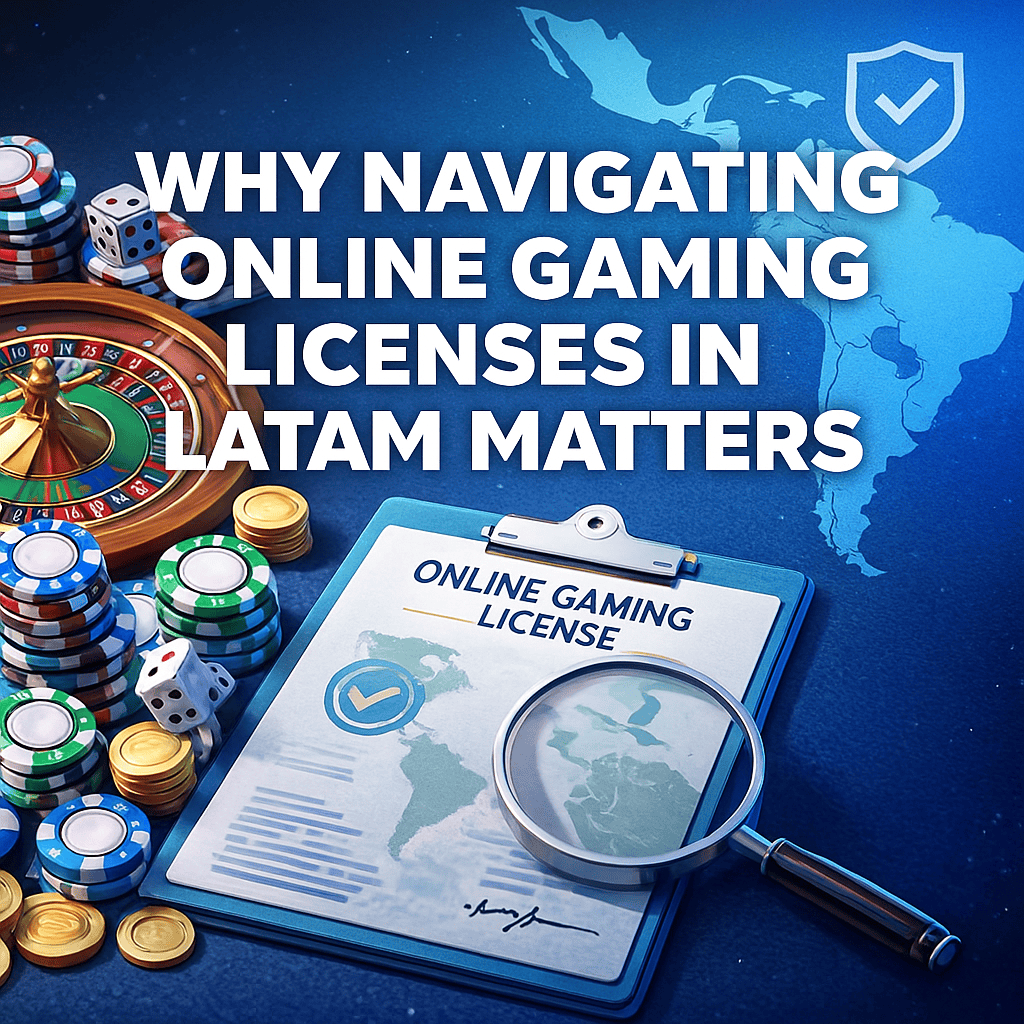 Cover image featuring a colorful, digitally styled map of Latin America on a dark blue tech-themed background. Casino elements such as poker chips, playing cards, and a computer cursor appear around the map. The article title ‘Why Navigating Online Gaming Licenses in LATAM Matters’ is displayed in bold white text at the bottom.