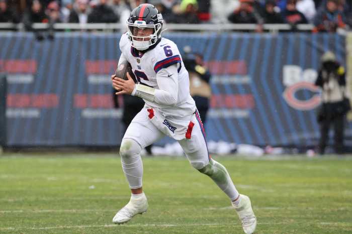 NFL Betting: Jets-Falcons & Giants-Patriots Lines, Odds and Best Bets for Week 13 3 Jaxson Dart Giants: Man in white uniform and blue helmet runs the football