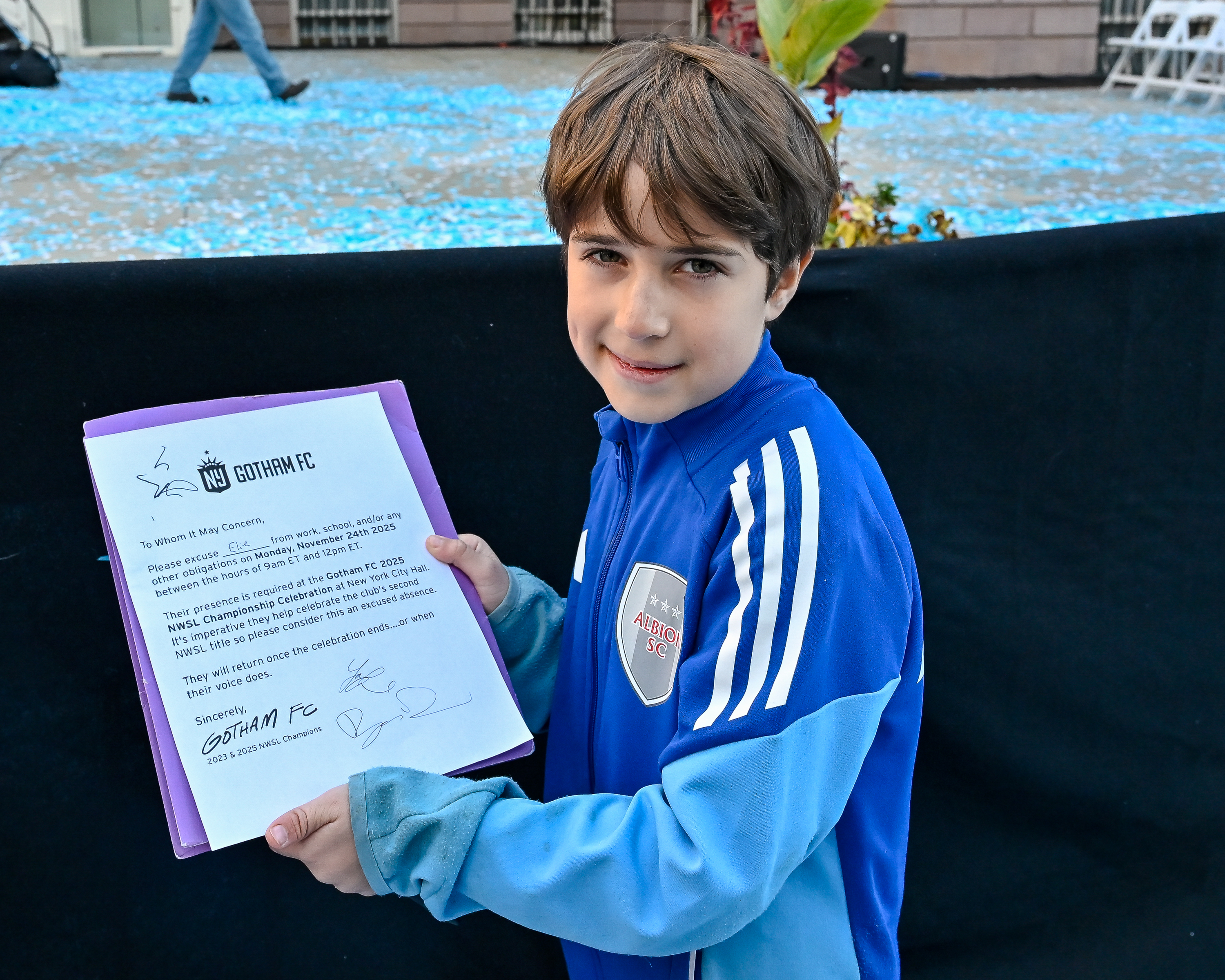 ‘No Underdogs here:’ Gotham FC receives Keys to the City after stunning NWSL championship playoffs 14 9-year-old Elie had his excuse from school signed by Gotham FC players.