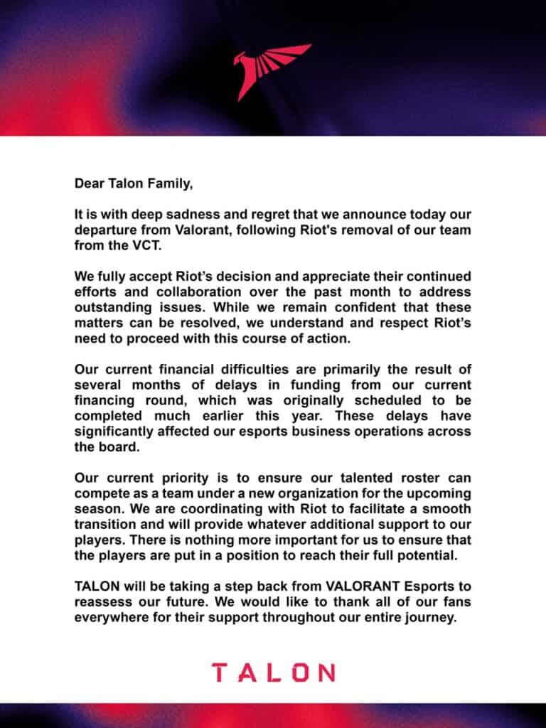 PSG Talon Kicked from VCT Pacific and LCP Over Unpaid Salaries