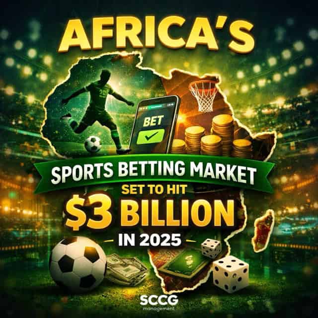 Illustrated map of Africa with sports icons, a mobile betting app, and financial symbols representing Africa’s sports betting market reaching $3 billion in 2025.