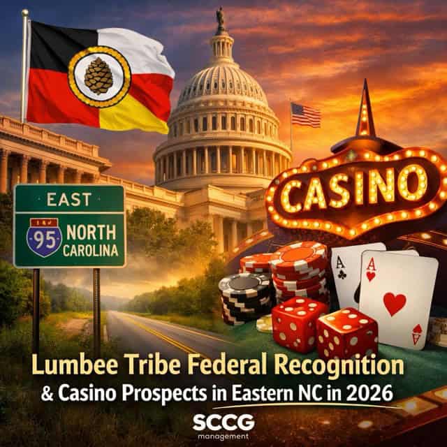 A square digital illustration showing the Lumbee Tribe flag waving near the U.S. Capitol, a glowing casino sign with poker chips and playing cards in the foreground, and an Interstate 95 highway sign pointing to Eastern North Carolina at sunset.