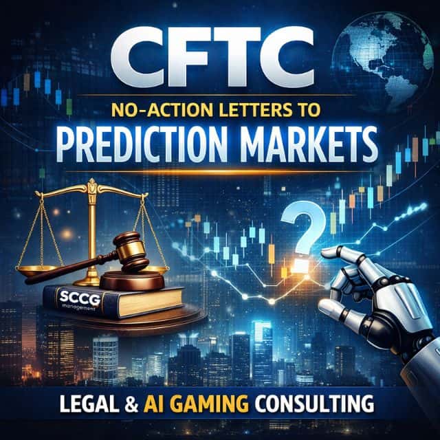 A futuristic digital cover image showing a city skyline with glowing financial charts, a robotic hand pointing at a holographic question mark, a golden scale with a gavel resting on a book, and bold text reading “CFTC No-Action Letters to Prediction Markets: Legal & AI Gaming Consulting.”